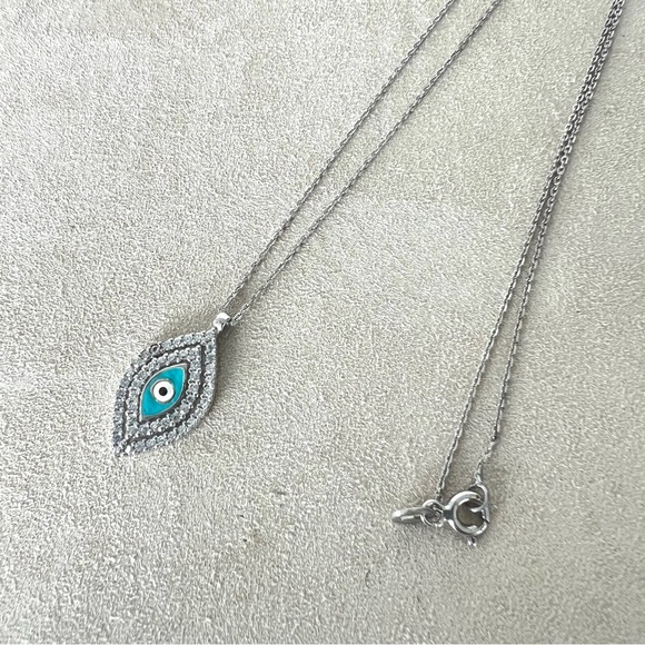 EVIL EYE Dainty 925 Sterling Silver Crystal Rhinestone w Enamel Necklace Sz 17" - Picture 6 of 8